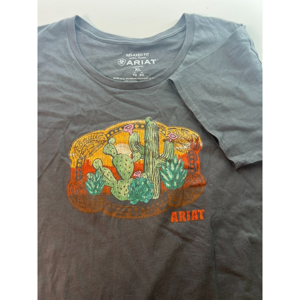 Ariat Women's T-Shirt XL Large Black Cotton Cactus Short Sleeve Relaxed‎ Fit Tee